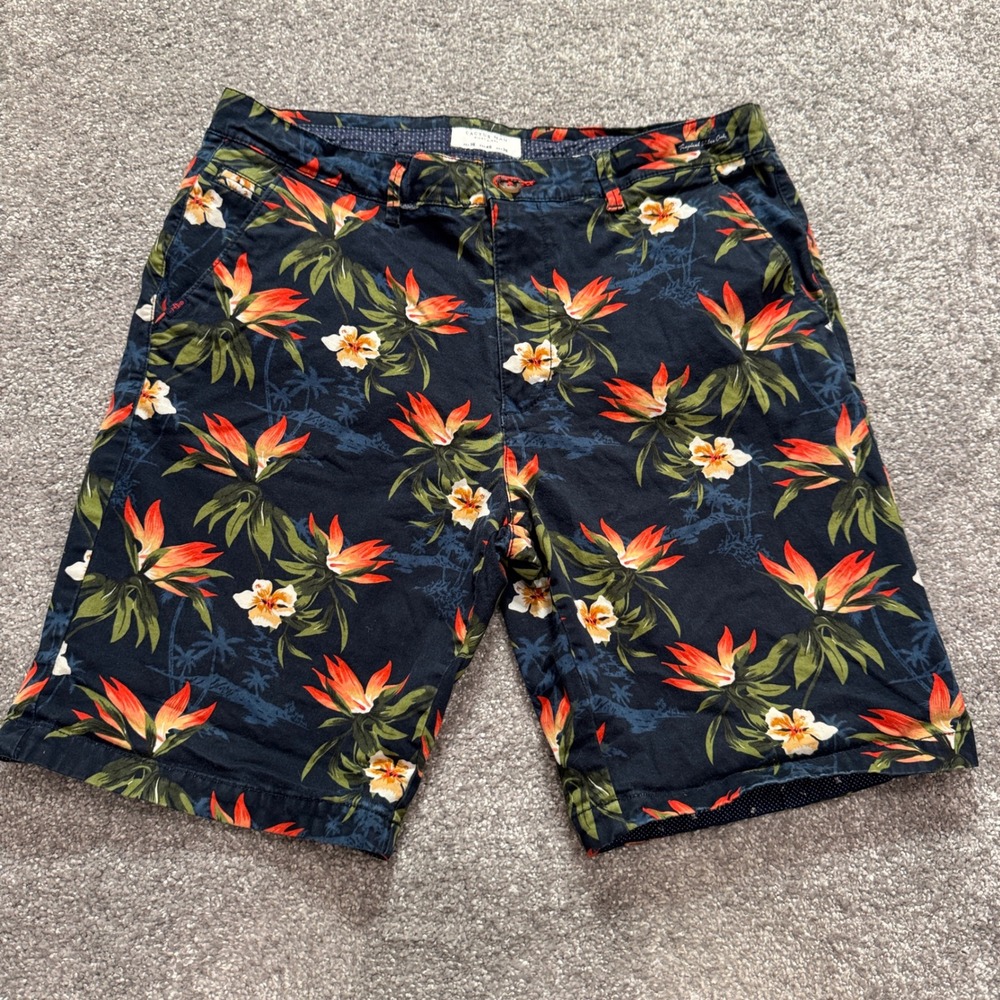 Cactus Man Shorts Mens 36 Blue Floral Cotton Tropical Bird of Paradise Coastal